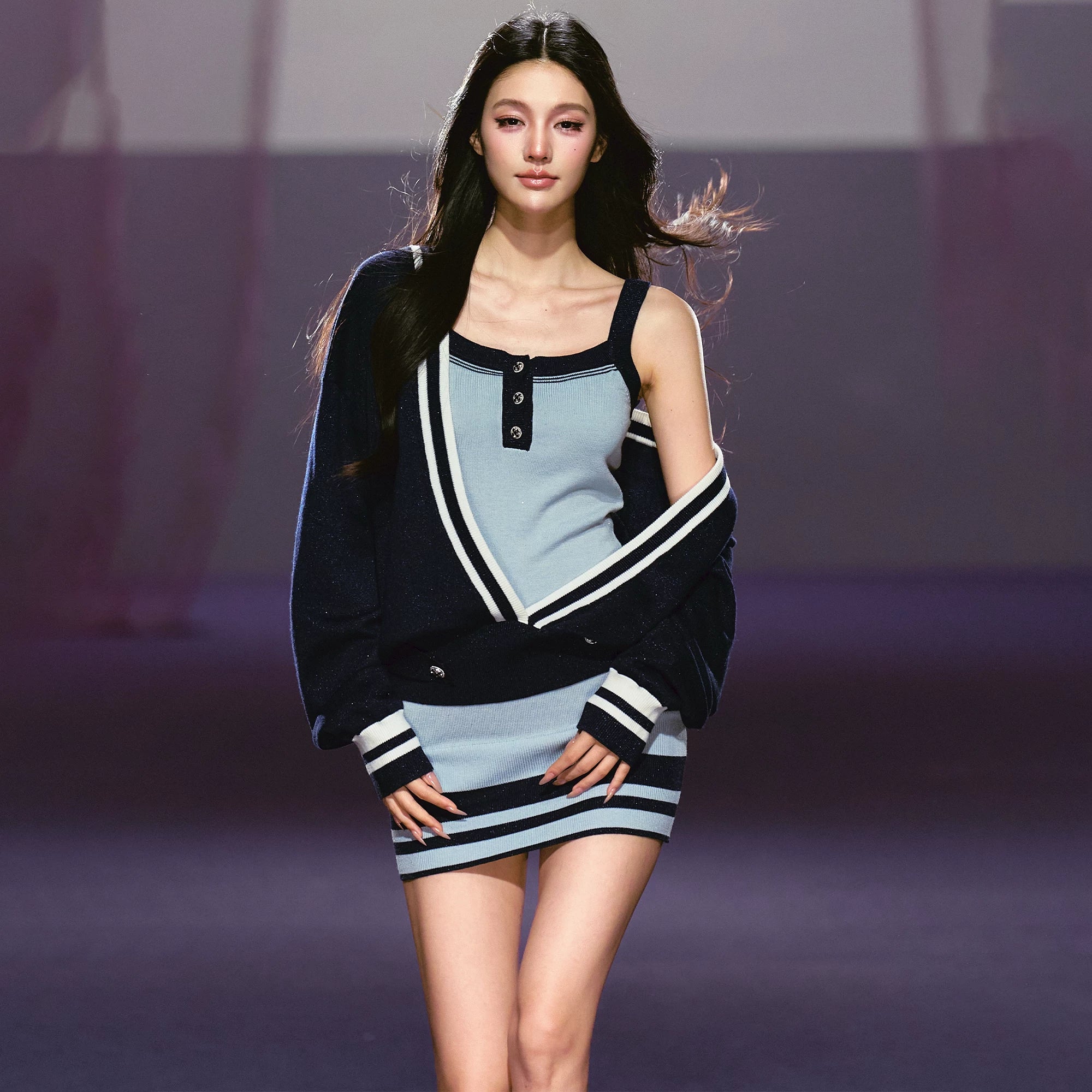 Blue V-Neck Knit Cardigan &amp; Dress Set