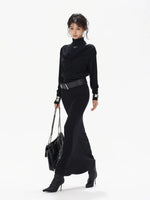 Black Draped Knit High-neck Dress