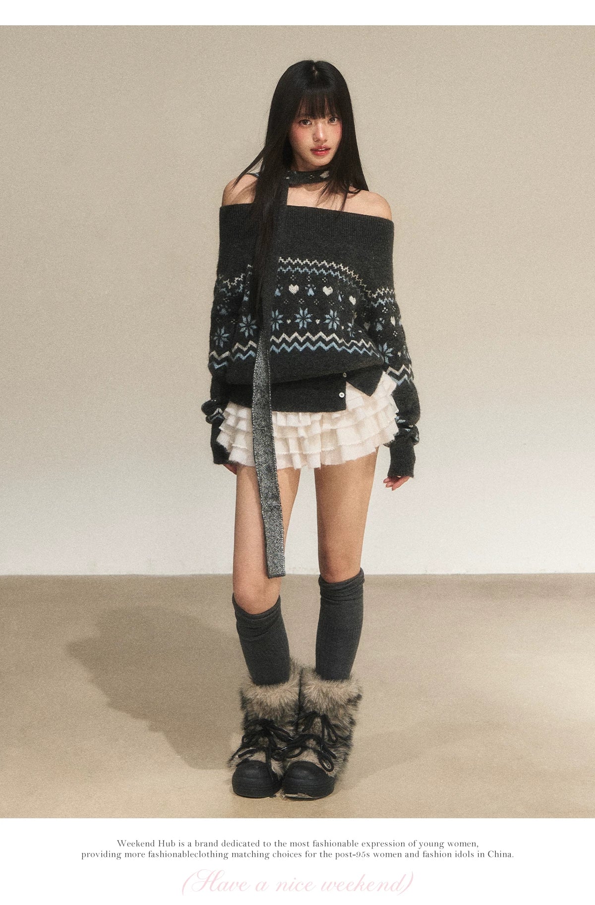 Gray Fair Isle Off-Shoulder Knit Sweater