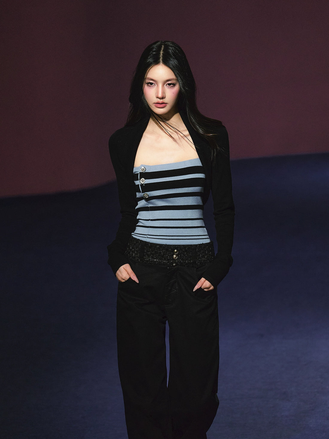 Striped Contrast Hand-Sewn Button Tube Top &amp; Shrug Set