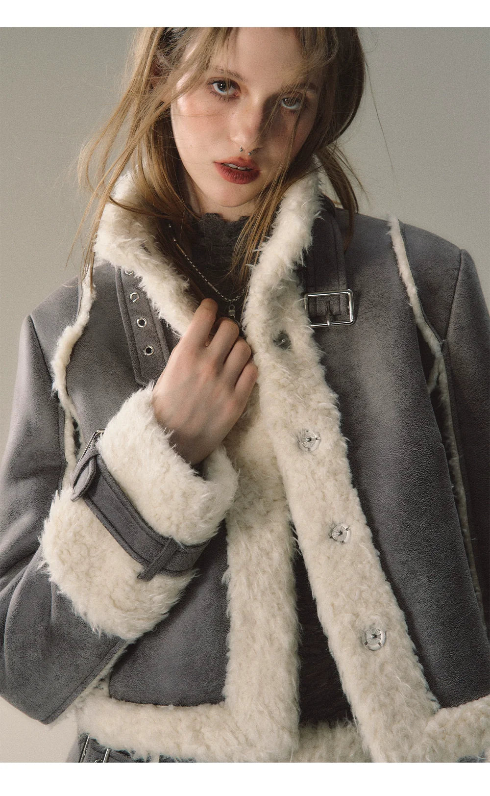 Grey Short Plush Shearling Jacket &amp; Skirt Set