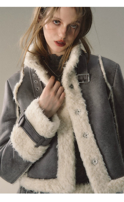 Grey Short Plush Shearling Jacket &amp; Skirt Set