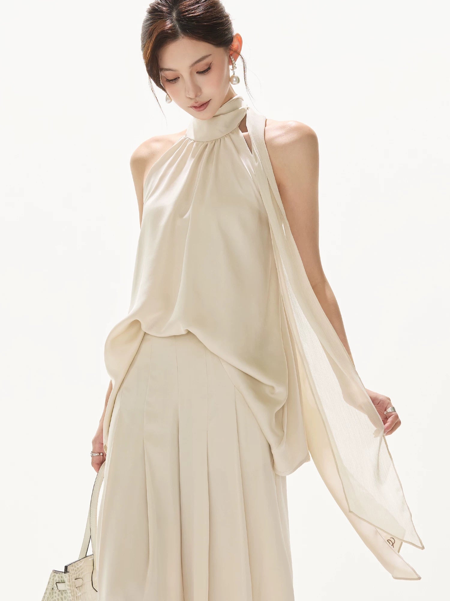 Satin Halter Tie Asymmetric Top