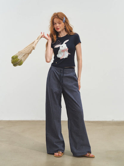 Double-layer Waistband Checkered Drawstring Pants