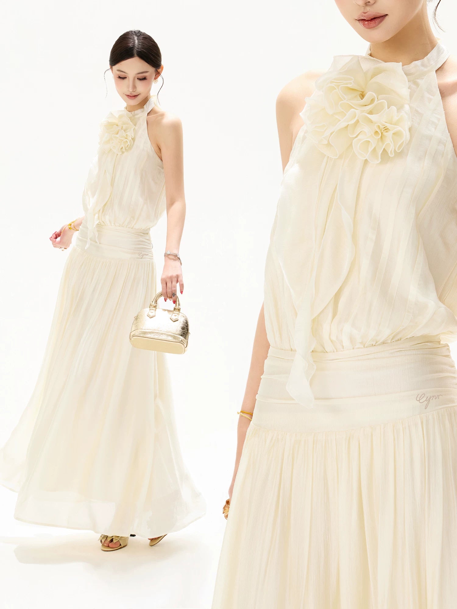 Floral Halter Chiffon Midi Dress