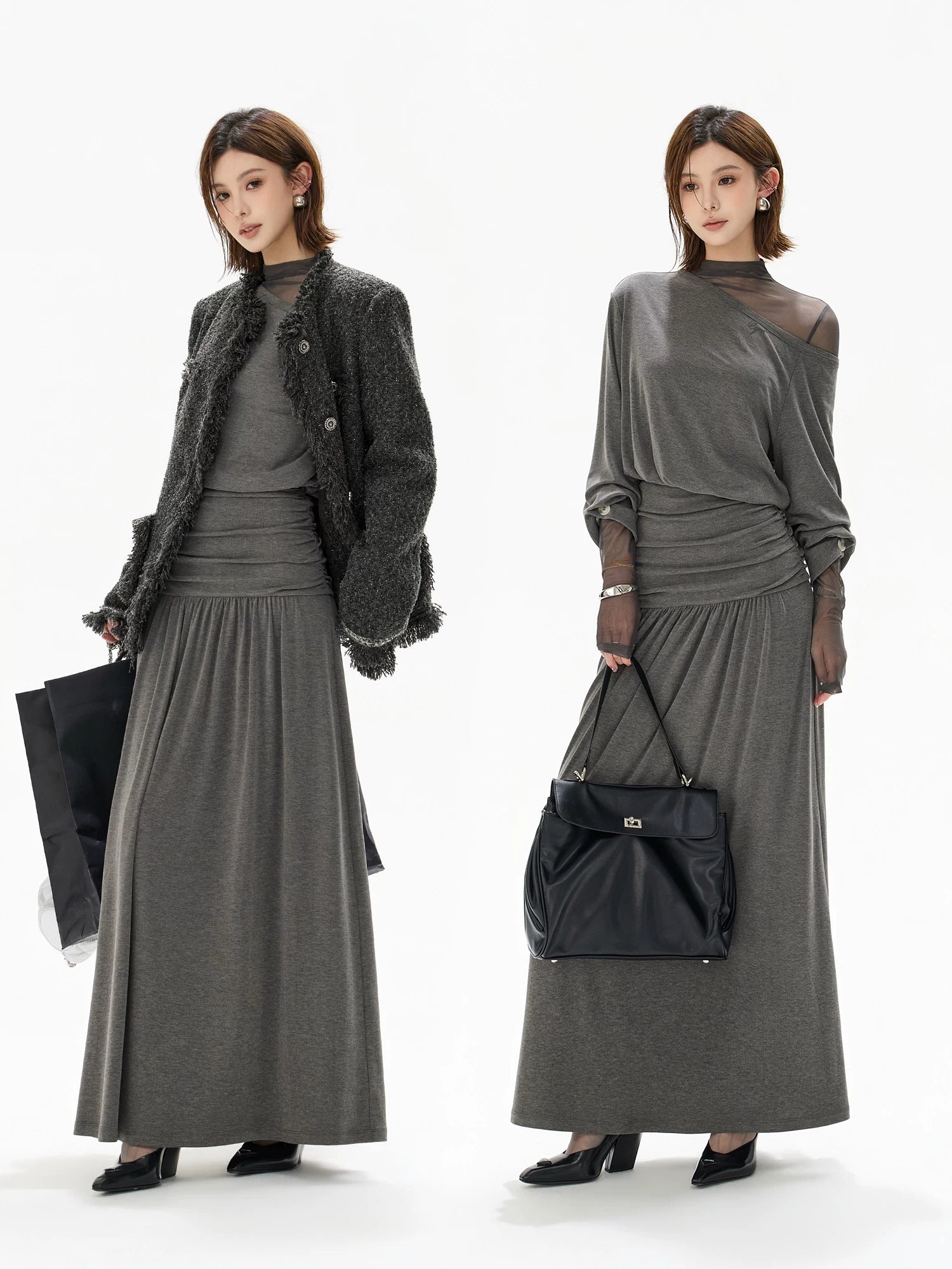 Gray Off Shoulder Knit Layered Dress