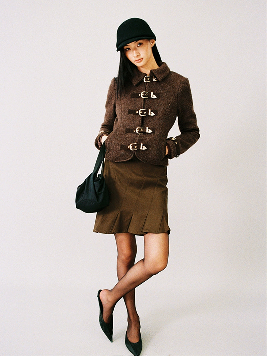 Metal-Button Wool-Blend Structured Short Jacket