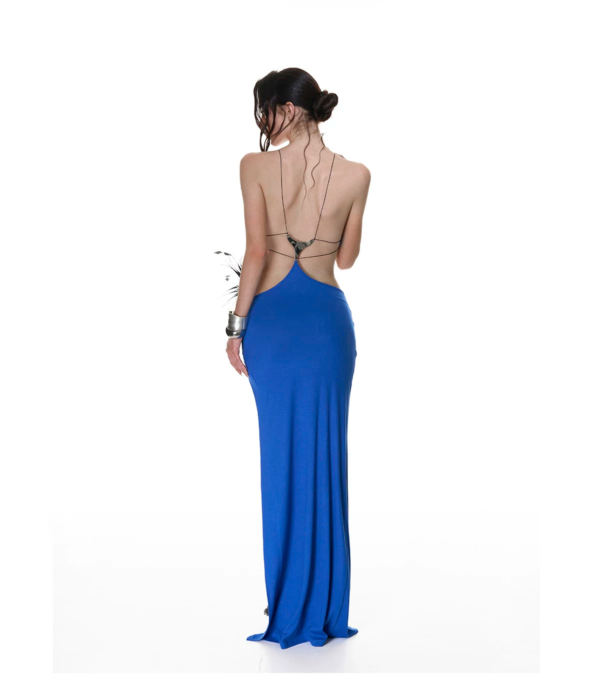 Blue Cross-Back Halter Maxi Dress