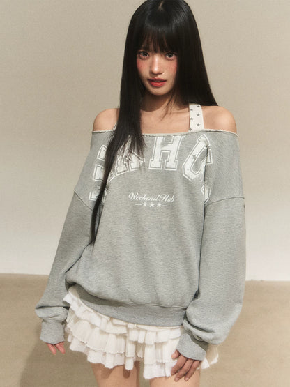 Off-Shoulder Halter Faux Layer Sweatshirt