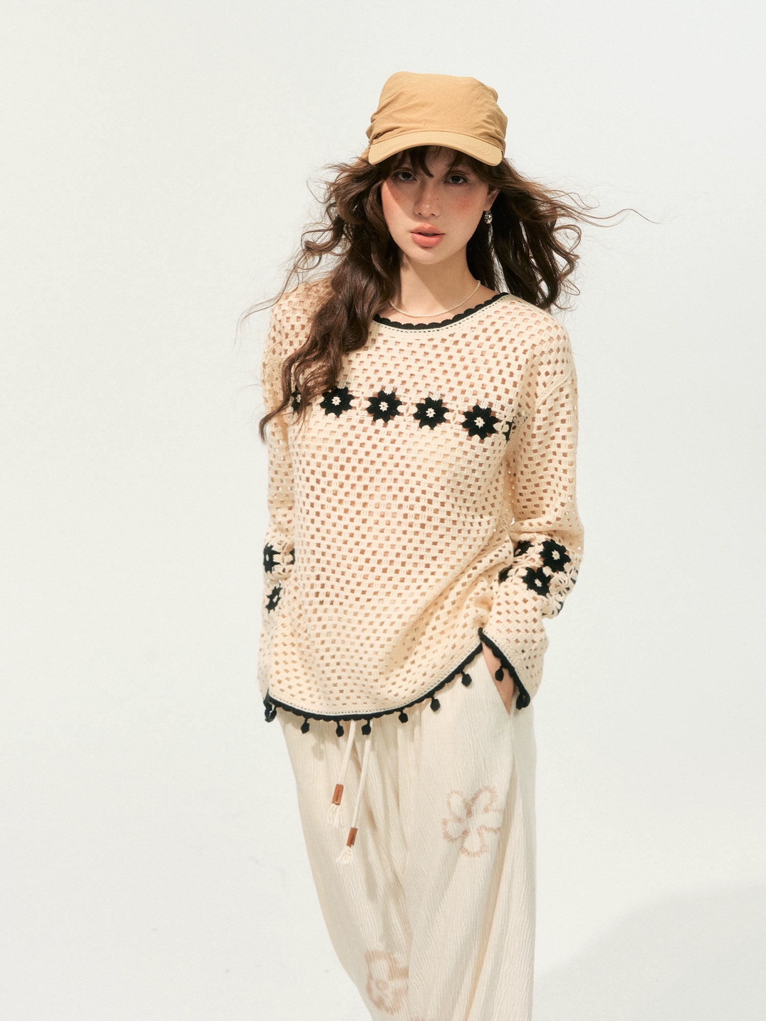 Hollow Out Pullover Crochet Crew Neck Sweater