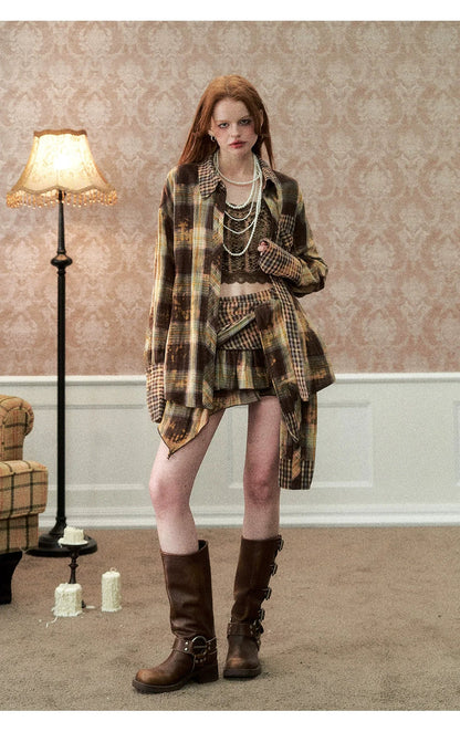 Washed Distressed Plaid Shirt &amp; Skirt Set