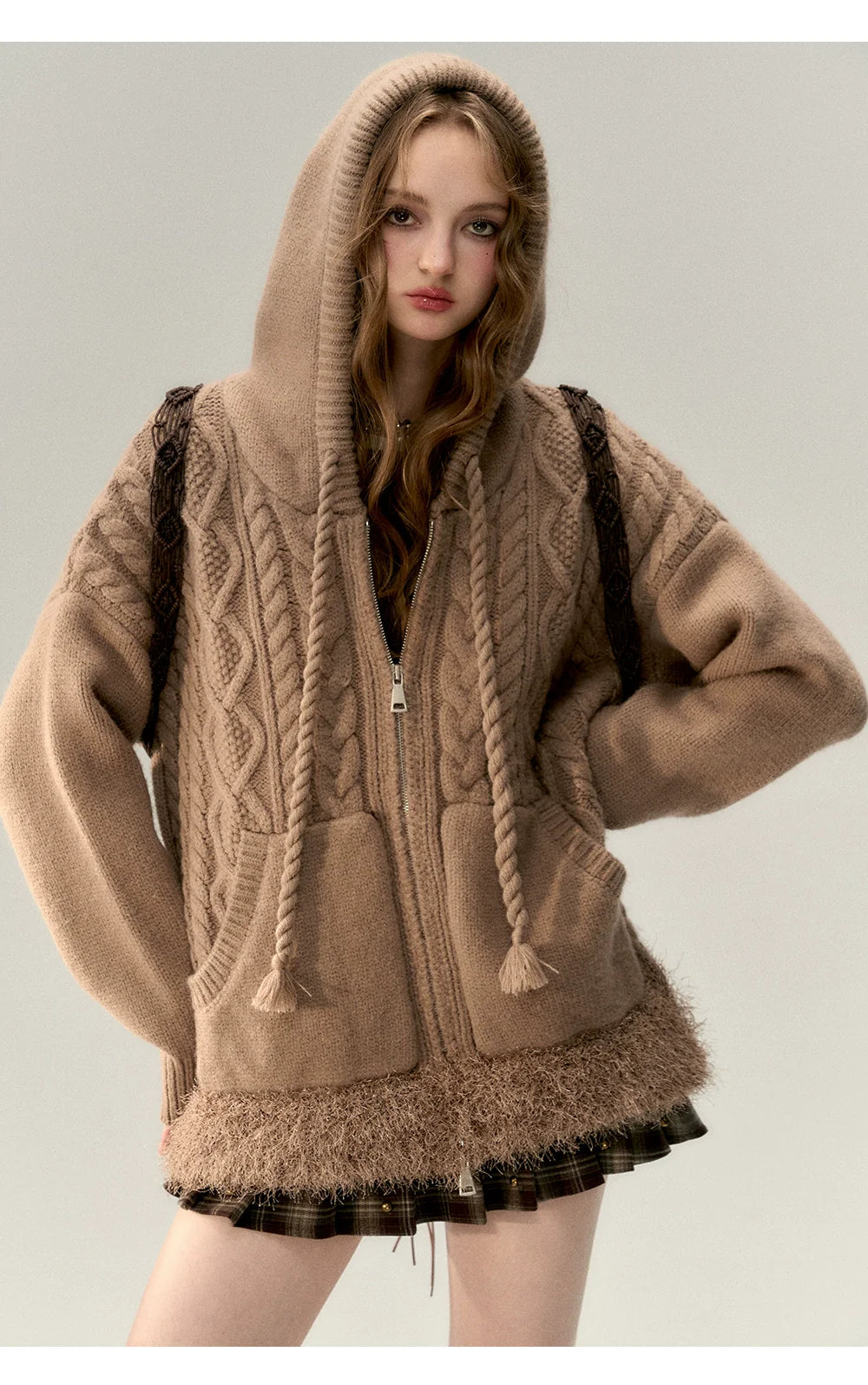 Off-white &amp; Khaki Twisted Knit Hooded Sweater