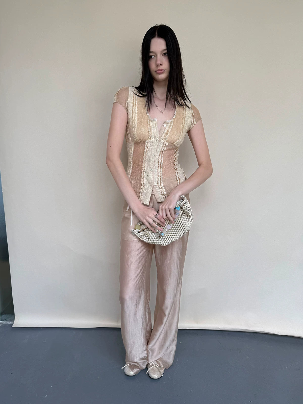 Champagne Acetate Sheer Straight Pants