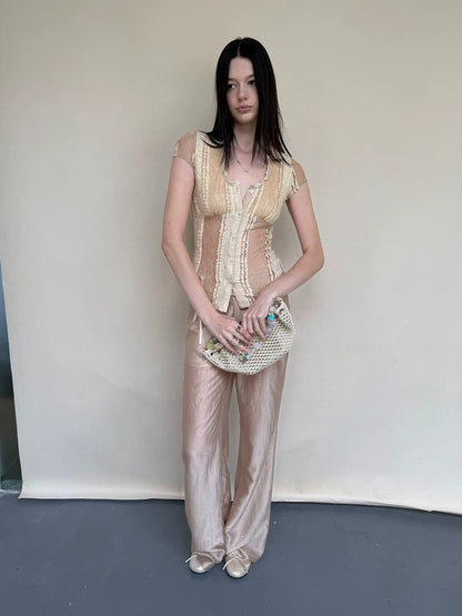 Champagne Acetate Sheer Straight Pants