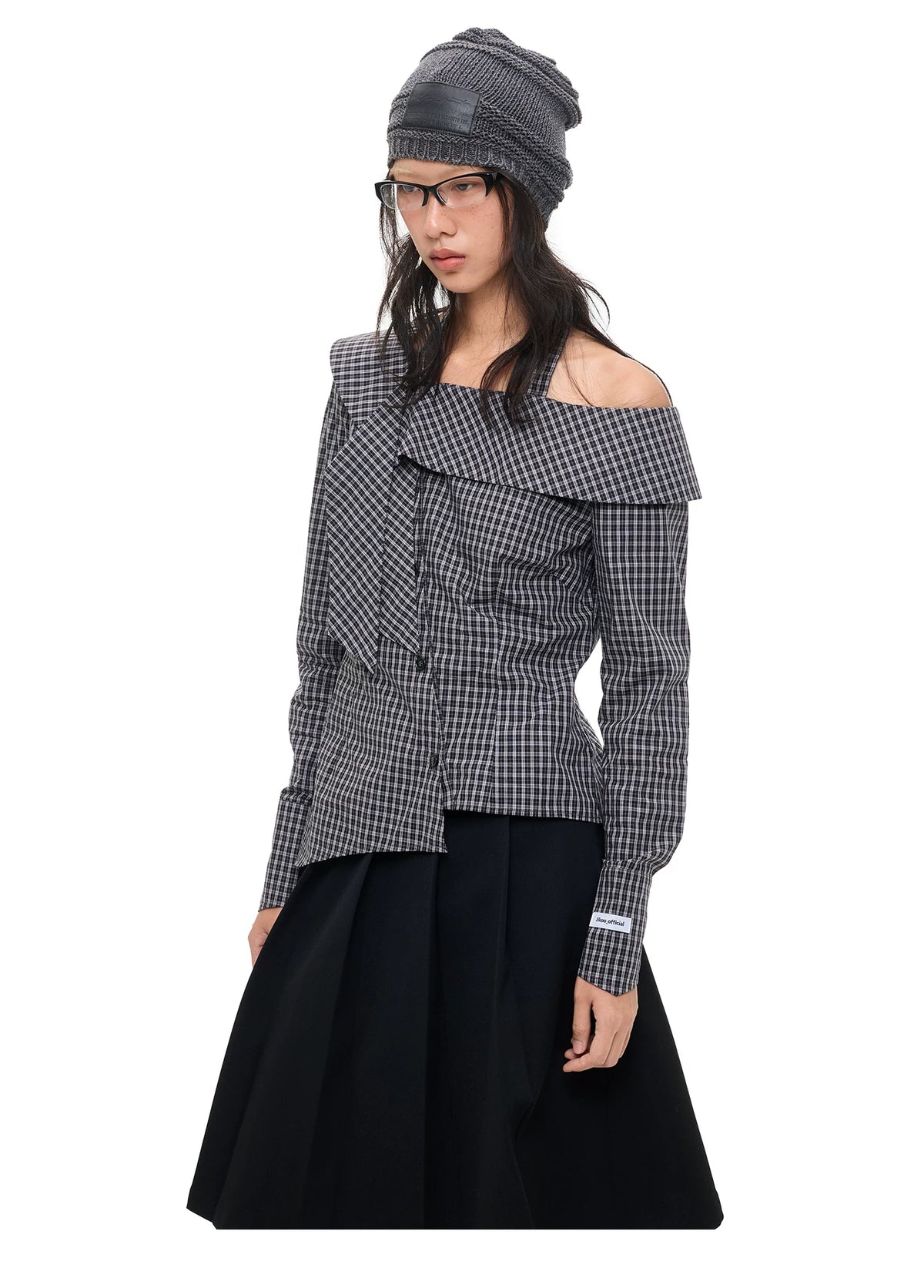 Asymmetric Plaid Off-Shoulder Shirt