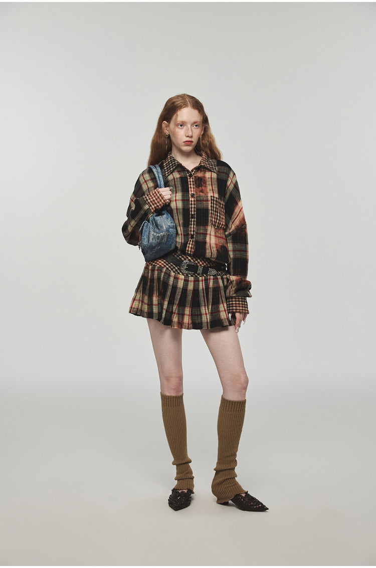 Tie-dye Plaid Shirt &amp; Mini Skirt Set