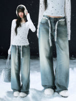 Vintage Star Tie Straight-Leg Denim Pants