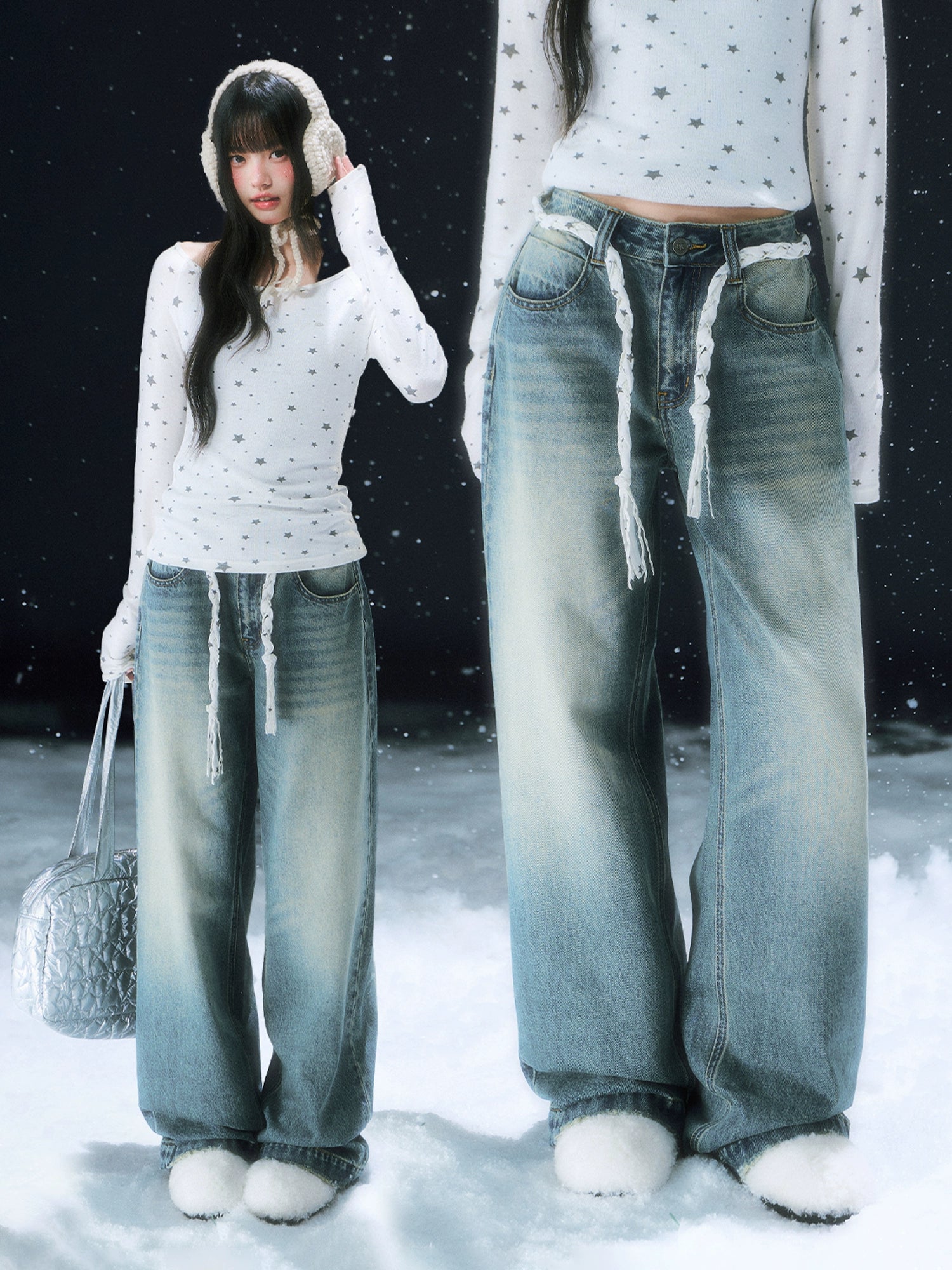 Vintage Star Tie Straight-Leg Denim Pants