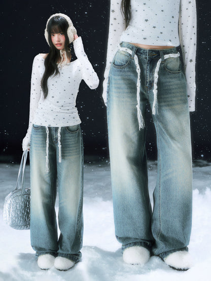 Vintage Star Tie Straight-Leg Denim Pants