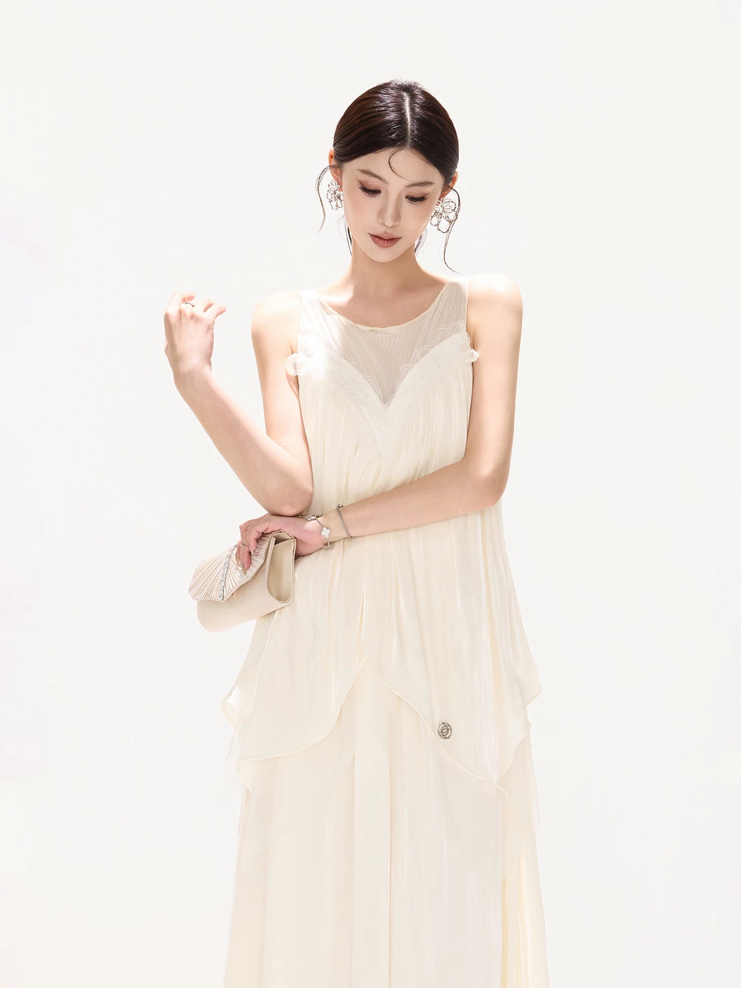 Mesh Panel Ruffle Maxi Dress