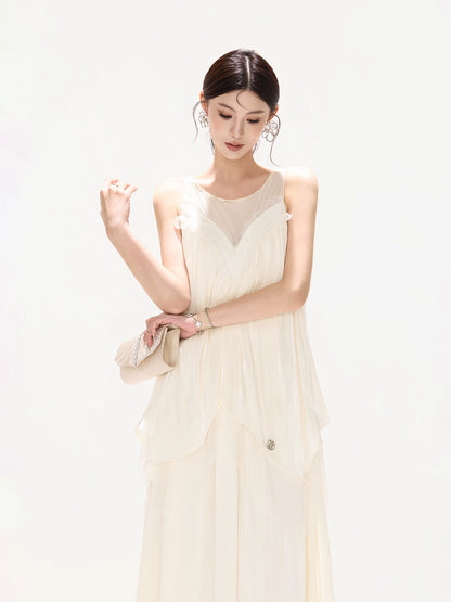 Mesh Panel Ruffle Maxi Dress