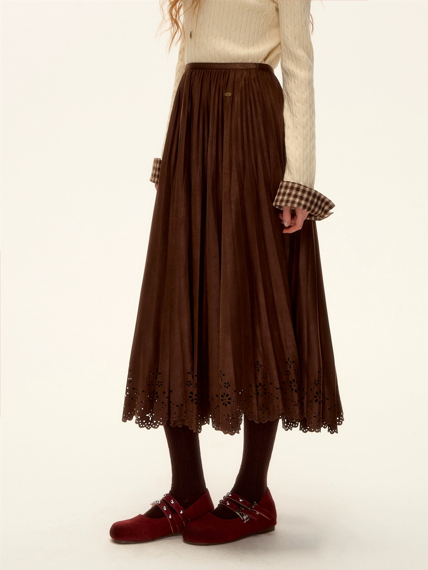Eyelet Hem Suede Long Skirt