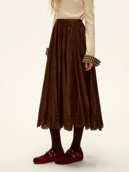 Eyelet Hem Suede Long Skirt