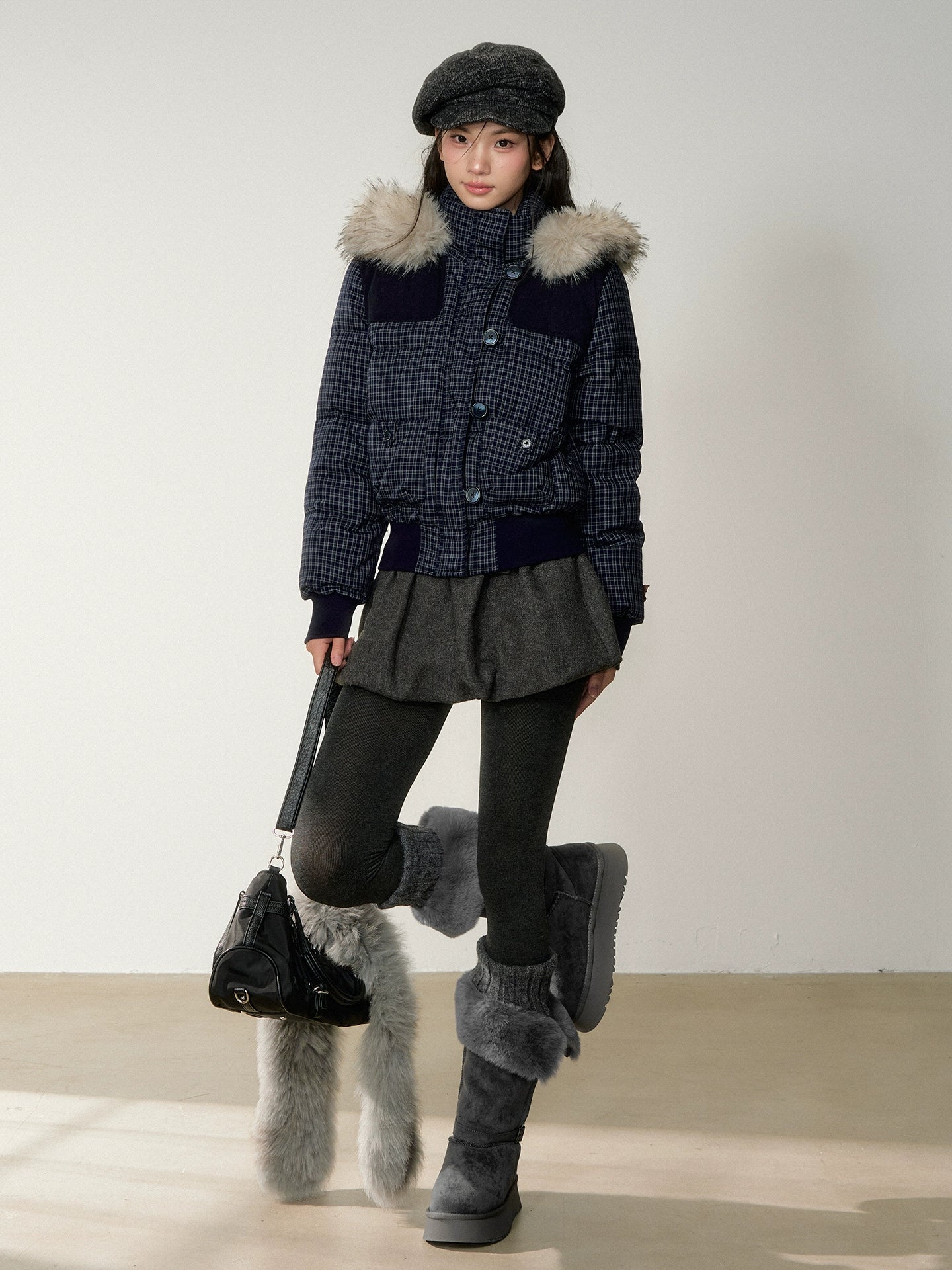 Faux Fur Collar Plaid Down Jacket