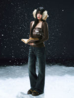 Navy Blue Retro Fleece-lined Flare Pants