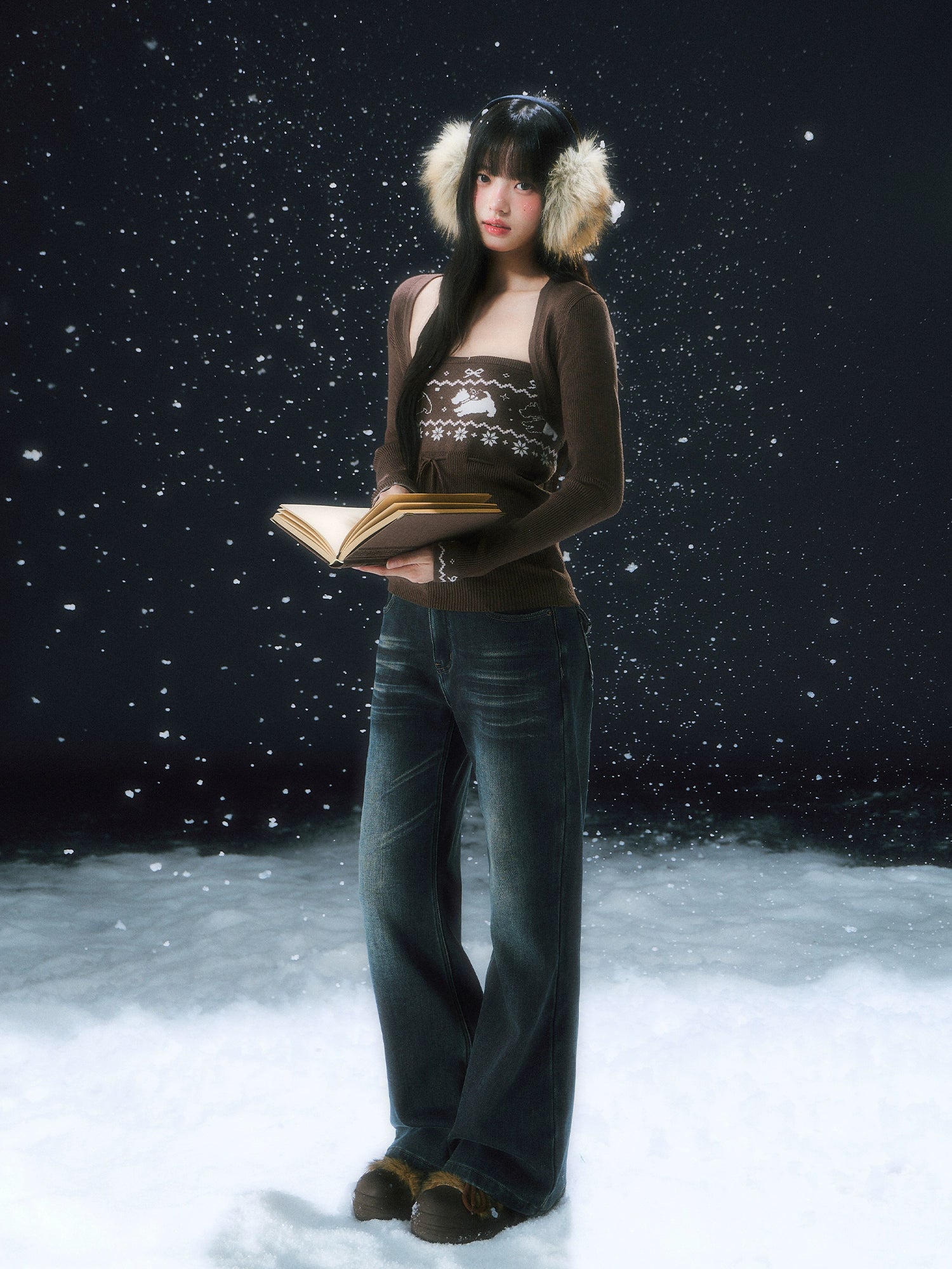 Navy Blue Retro Fleece-lined Flare Pants