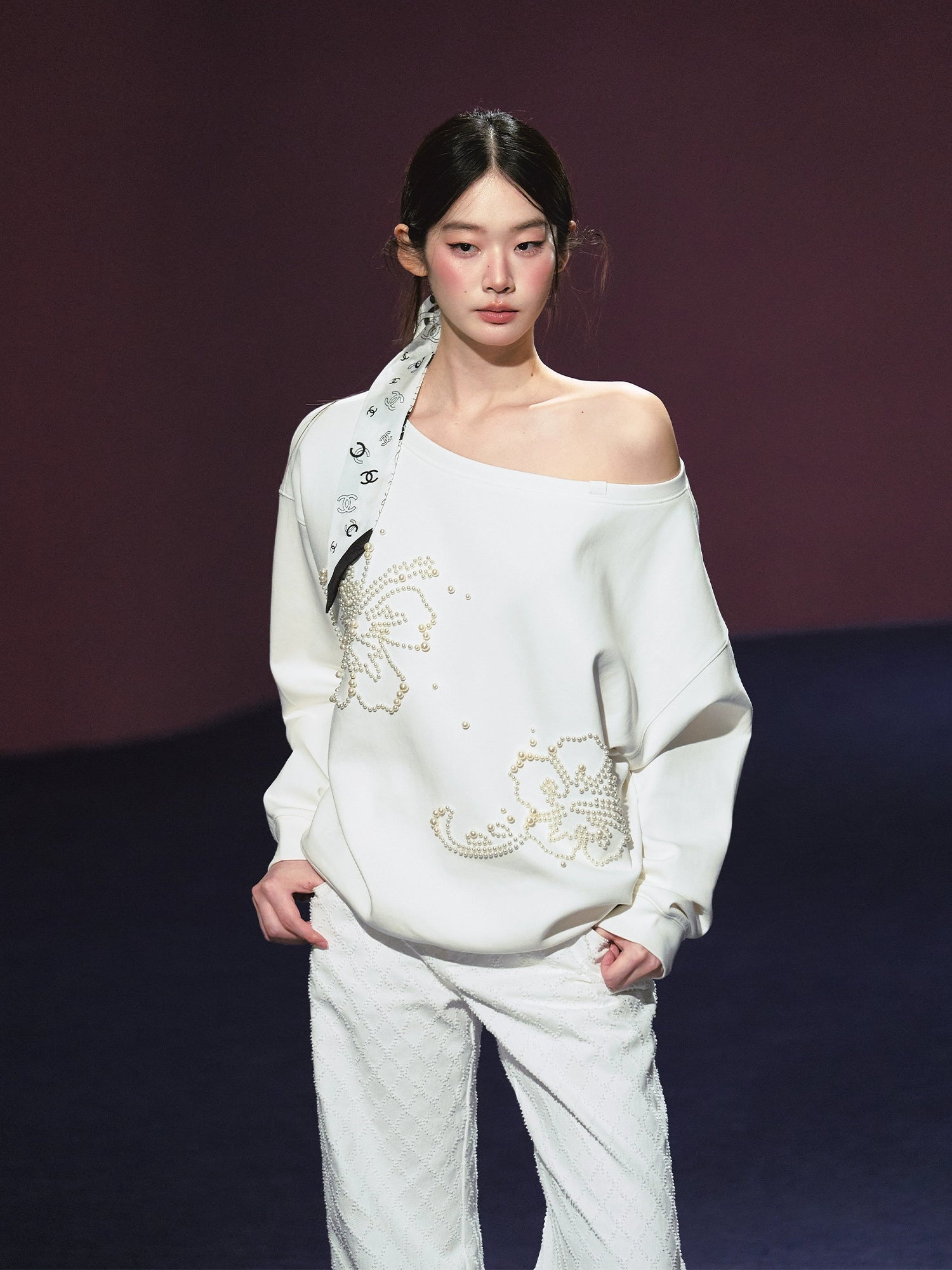 Beaded Off-shoulder Silhouette Sweatshirt