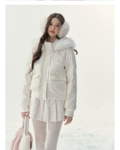 Plaid Floral Faux-Fur Down Jacket