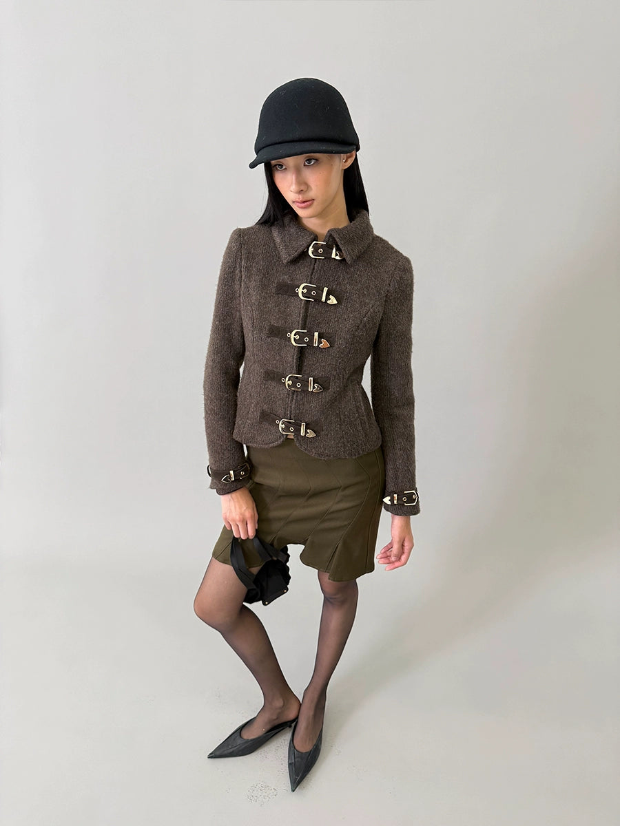 Metal-Button Wool-Blend Structured Short Jacket