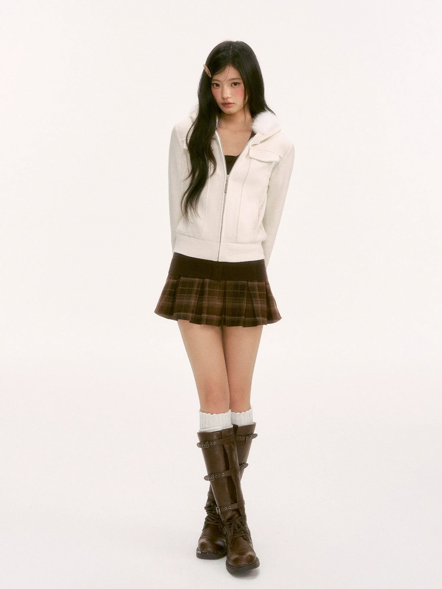 Apricot Fur-Trim Hooded Jacket