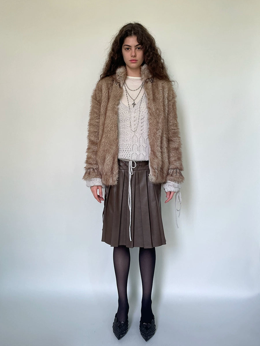 Brown Eyelet Lace-up Pleated Leather Skirt