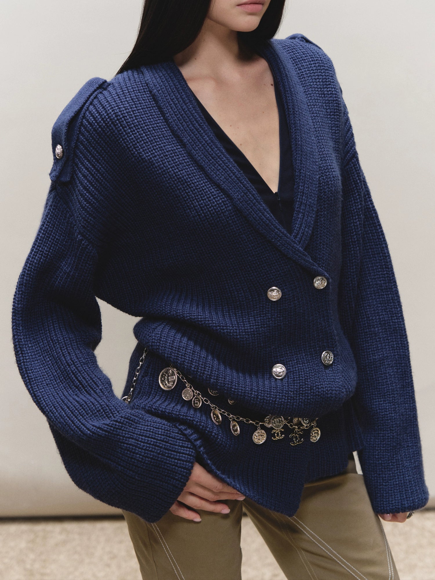 Wool Epaulet Double-Breasted Cardigan