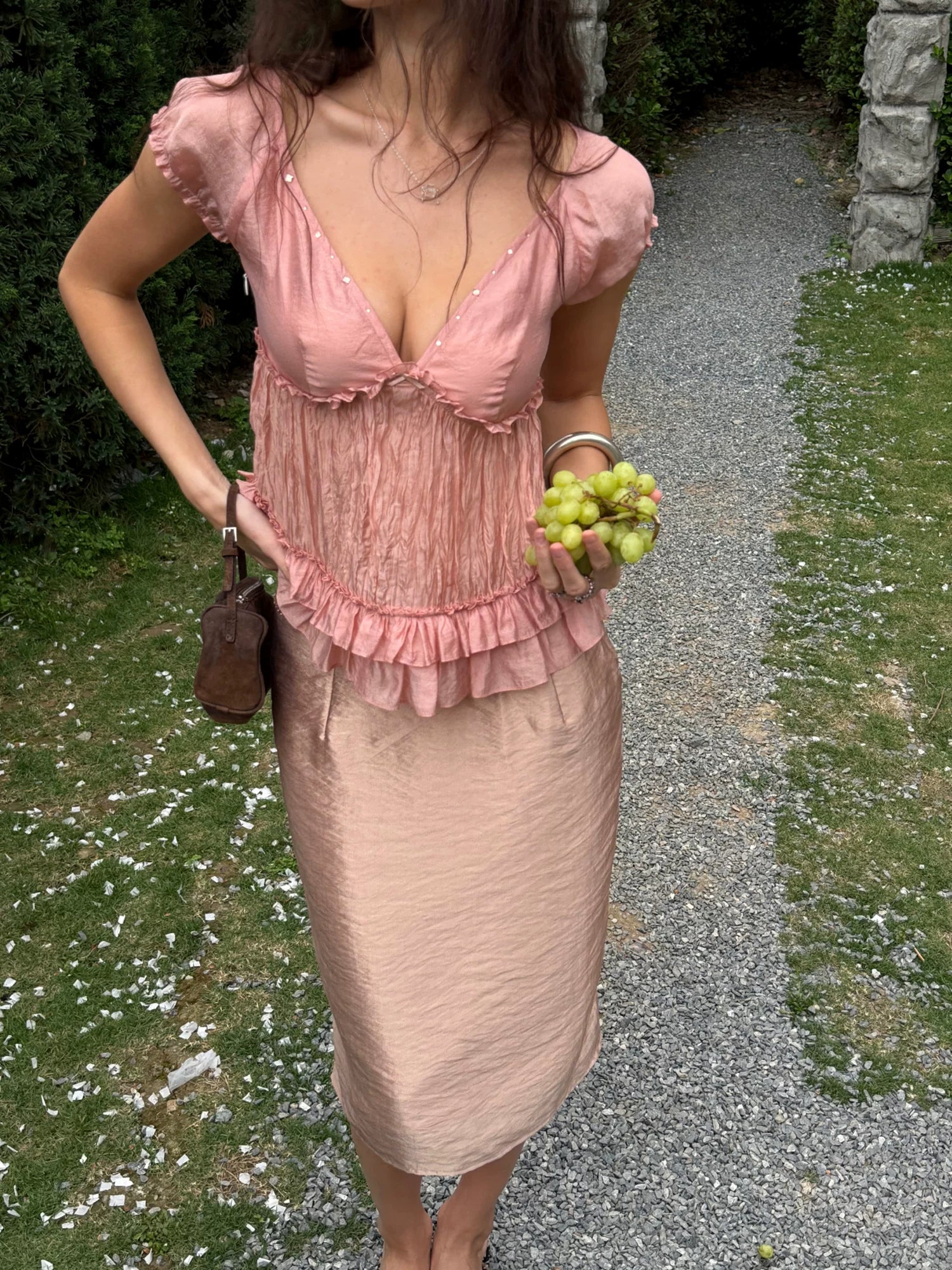 Pink Rhinestone V-Neck Blouse