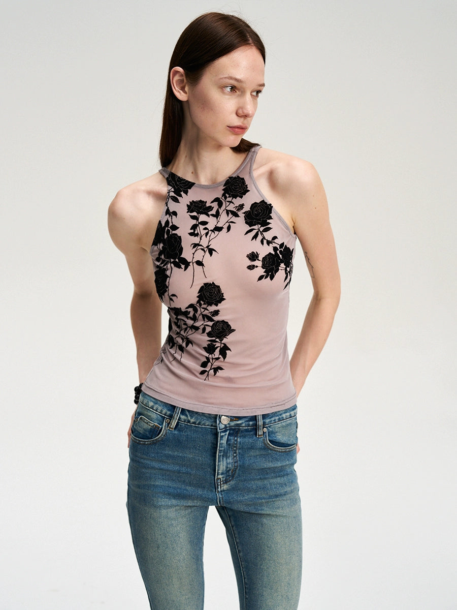 Flocked Mesh Floral Violet Cami