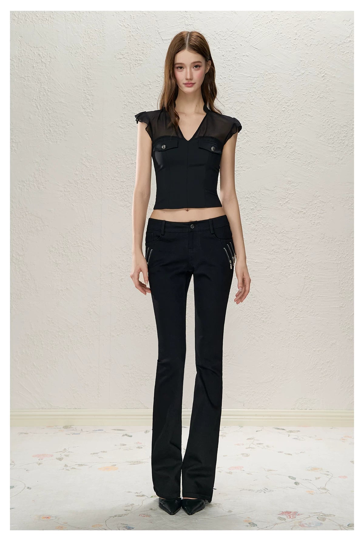 Black Low-Rise Slit Pants