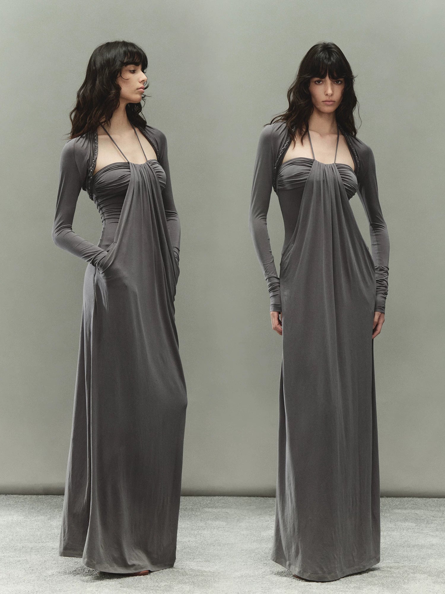 Gray Lyocell Braided-Halter Ruched Dress Set