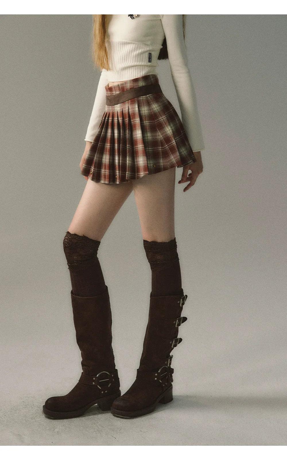 Red &amp; Coffee Plaid Pleated Mini Skirt