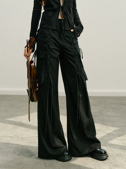 Black &amp; Ivory White Tie-Waist Wide-Leg Pants