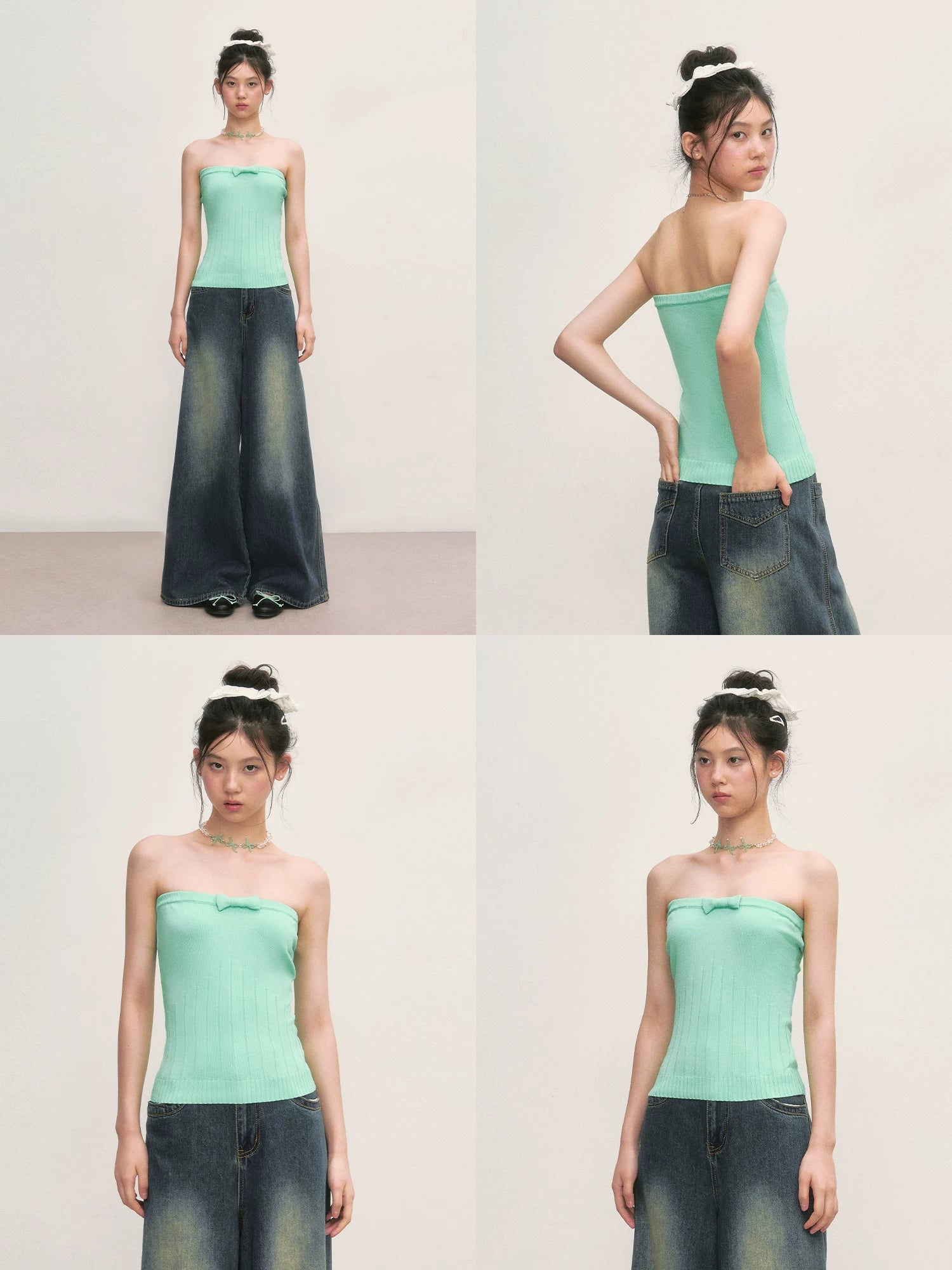 Green Bow Knit Tube Top