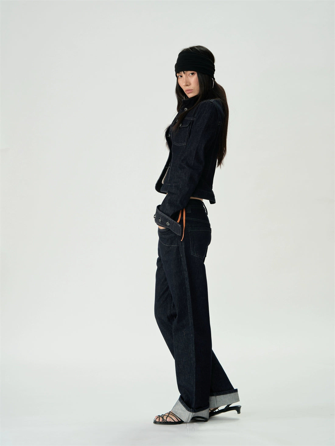 Original Denim Short Stand Collar Cinched Jacket Set