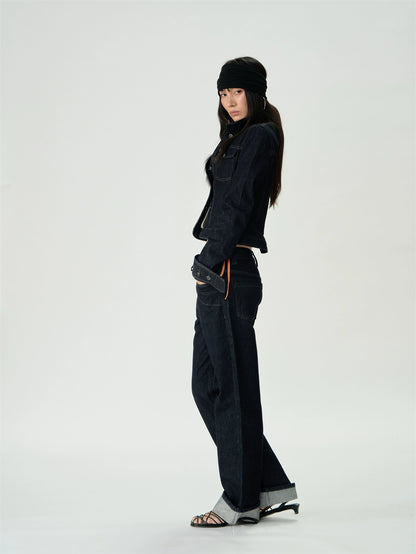 Original Denim Short Stand Collar Cinched Jacket Set