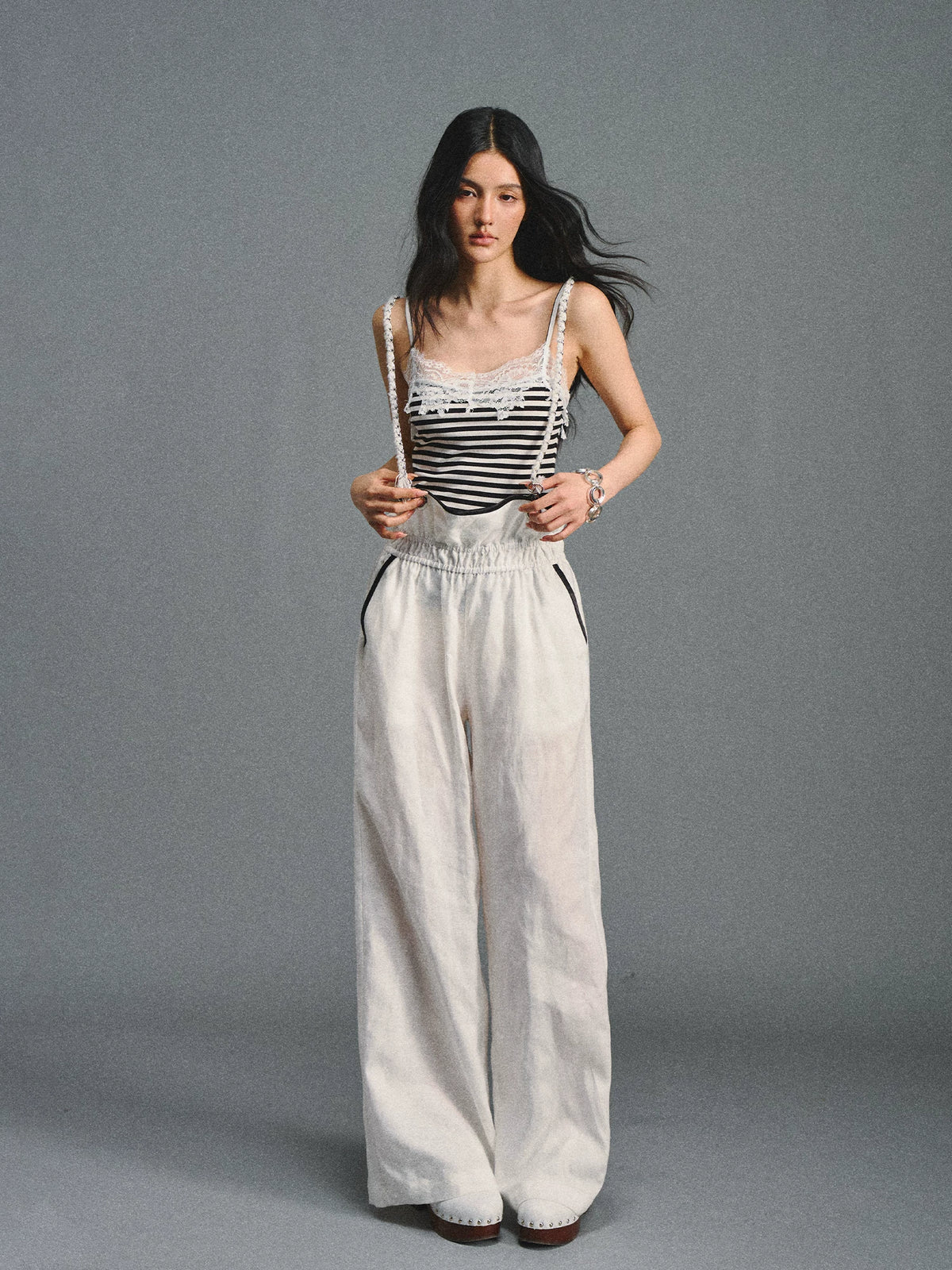 White Linen Chain-Strap Pants