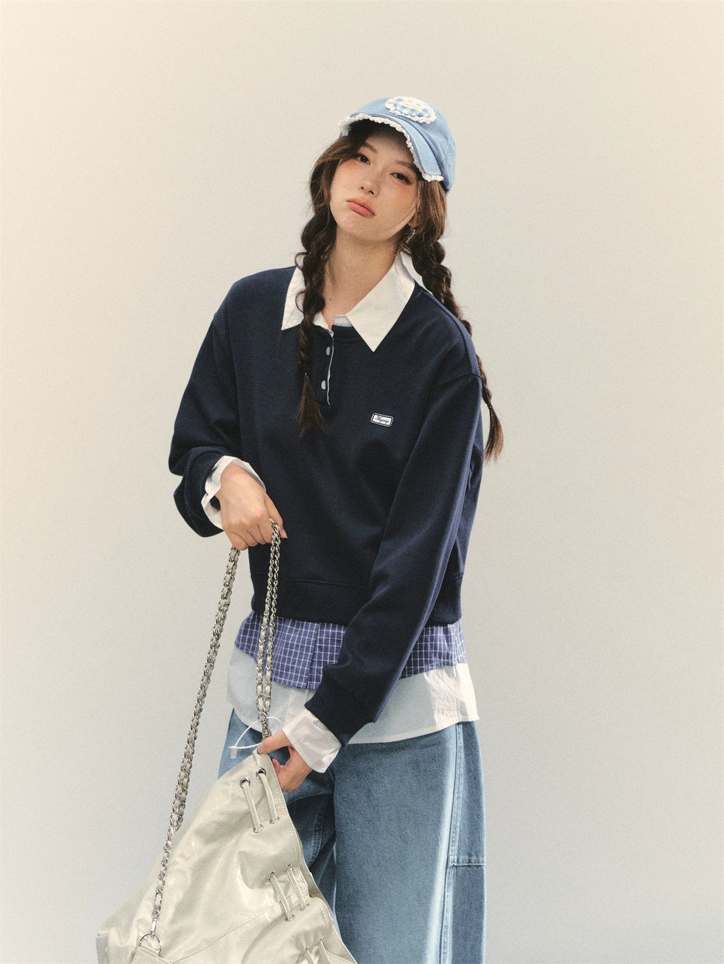 Navy Blue Plaid-Patchwork Polo Sweatshirt