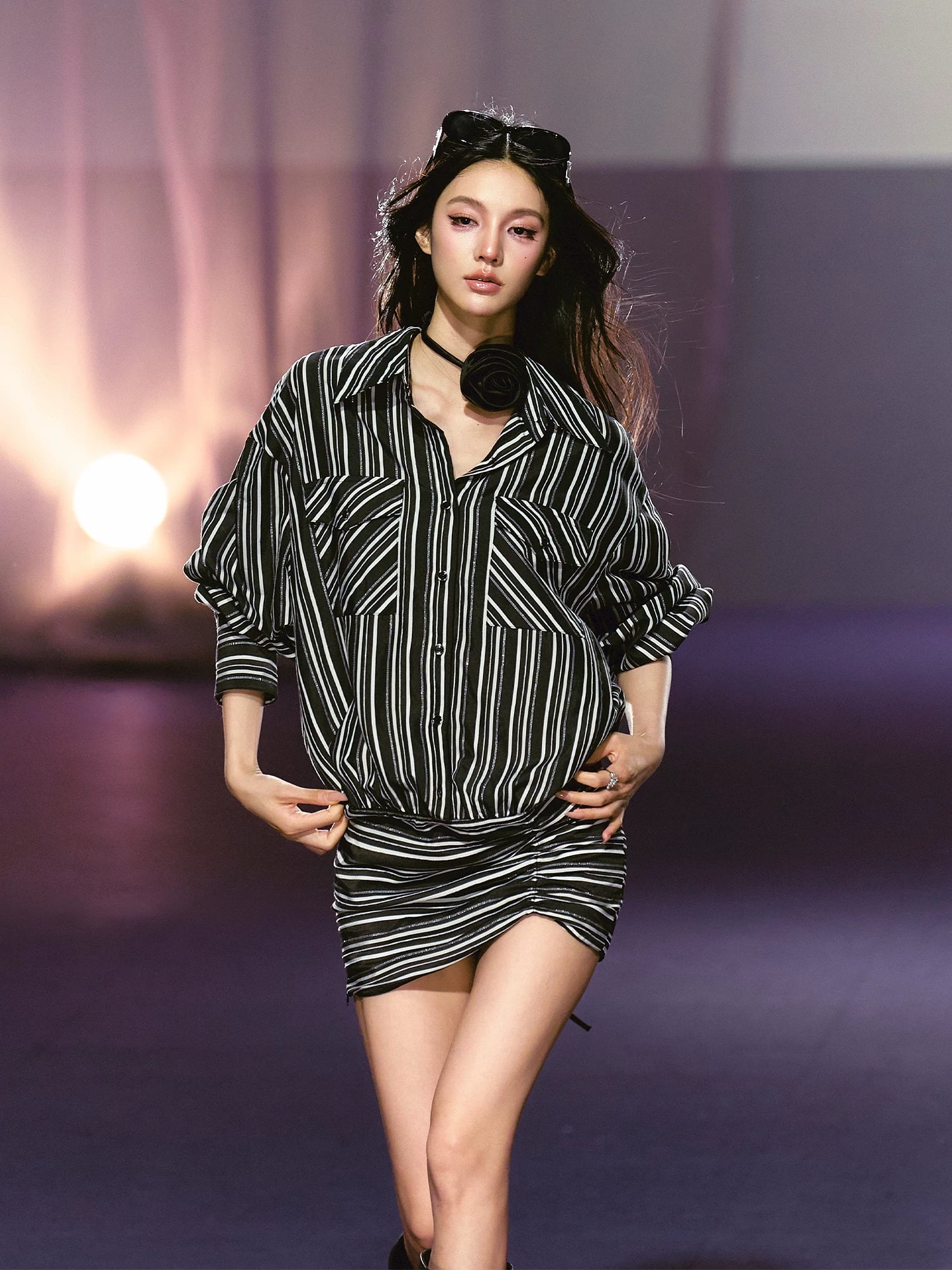 Detachable Floral Striped Shirt Dress