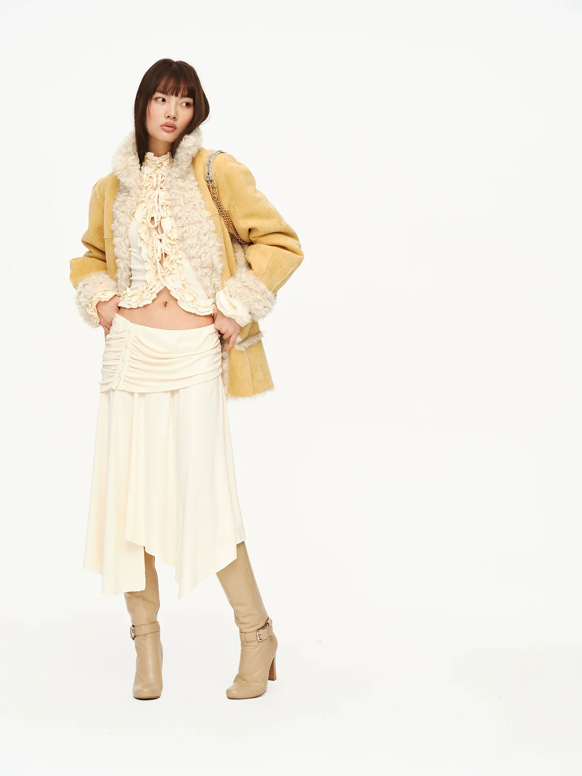 Ruched Ruffle Cardigan &amp; Skirt Set