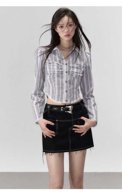 Black Denim 2-in-1 Studded Frayed Mini Skirt